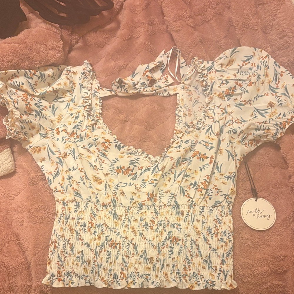 Milk & Honey White Floral Smocked Peplum Top
